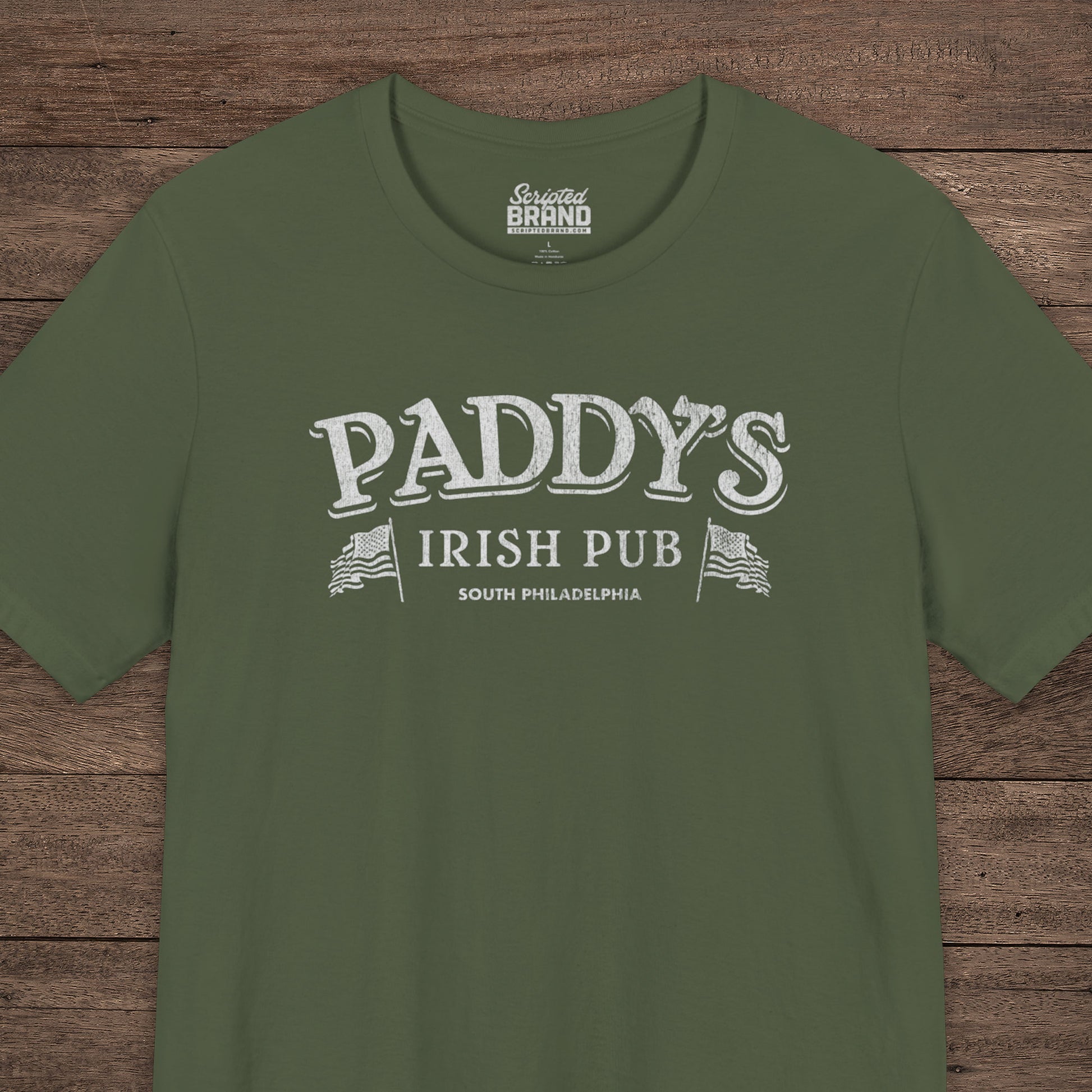 Military Green t-shirt with vintage Paddy's Pub Irish Bar graphic inspired by It’s Always Sunny in Philadelphia.