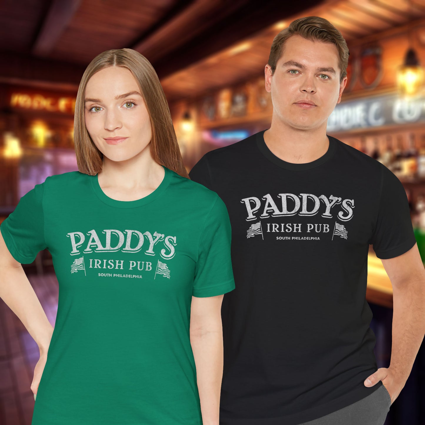 Two people wearing t-shirts with vintage Paddy's Pub Irish Bar graphic inspired by It’s Always Sunny in Philadelphia.