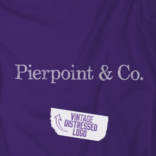 Closeup of Purple Bella+Canvas 3001 Pierpoint & Co. t-shirt with vintage distressed logo
