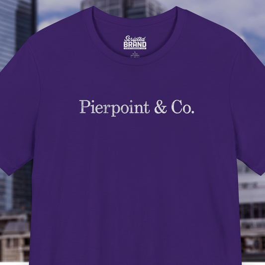 Front view of a purple soft short-sleeve Bella+Canvas 3001 t-shirt featuring the fictional logo Pierpoint & Co from the HBO TV show Industry in a vintage distressed style, sold by ScriptedBrand.