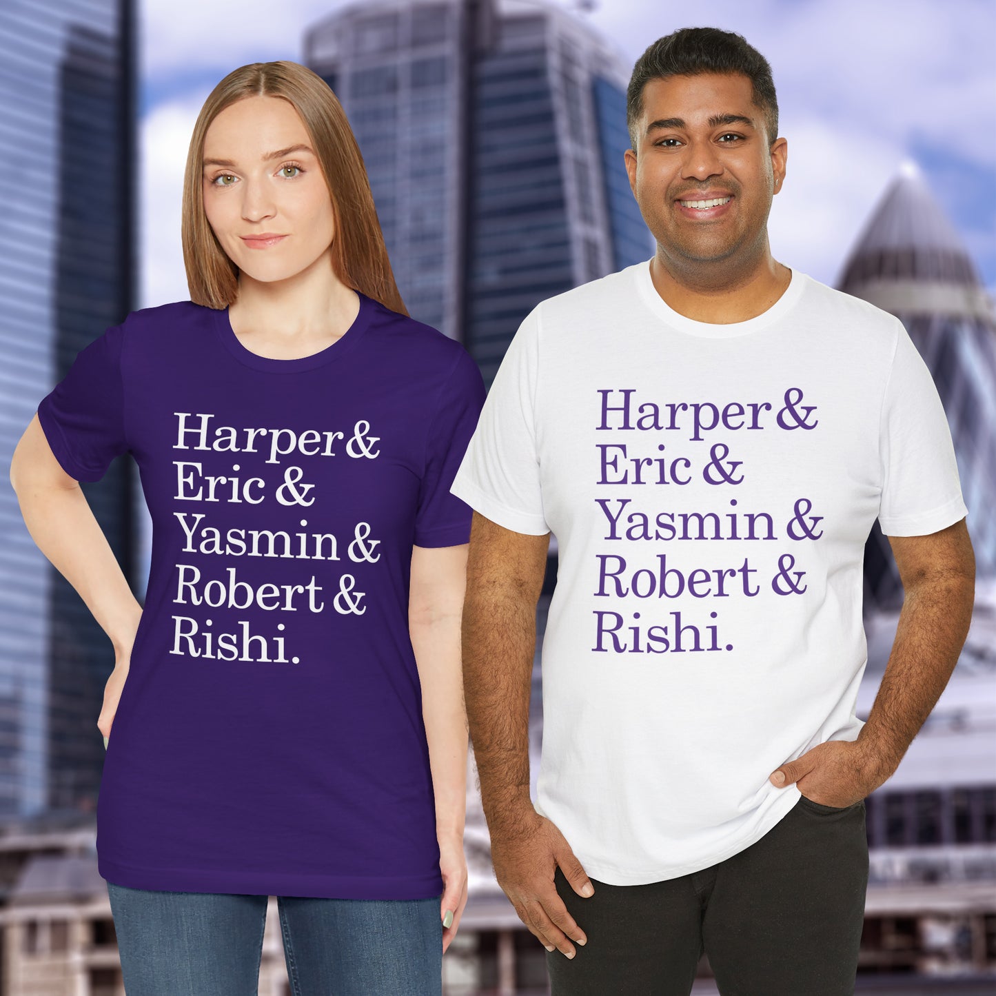Two people wearing t-shirts with names Harper, Eric, Yasmin, Robert & Rishi in Pierpoint & Co. font, inspired by TV show Industry.