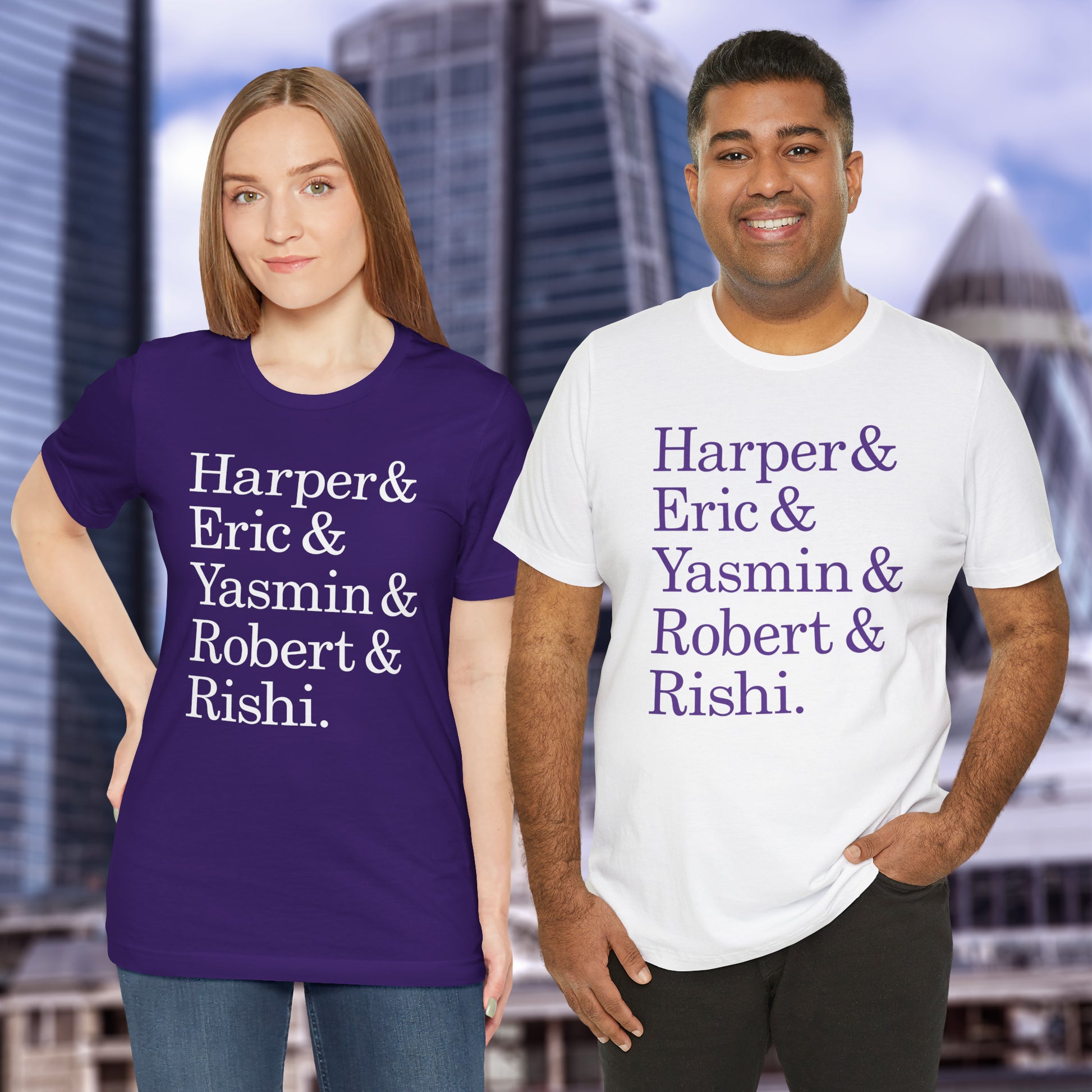 Two people wearing t-shirts with names Harper, Eric, Yasmin, Robert & Rishi in Pierpoint & Co. font, inspired by TV show Industry.
