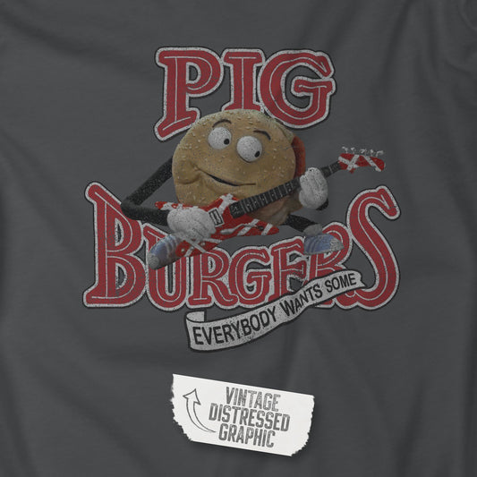 Closeup view of an asphalt grey colored soft Bella+Canvas 3001 short-sleeve t-shirt featuring a graphic of the fictional Pig Burgers logo from the movie Better Off Dead, along with the Van Halen singing hamburger playing guitar, with the small subhead phrase EVERYBODY WANTS SOME. The graphic is designed in a vintage distressed style, sold by ScriptedBrand.
