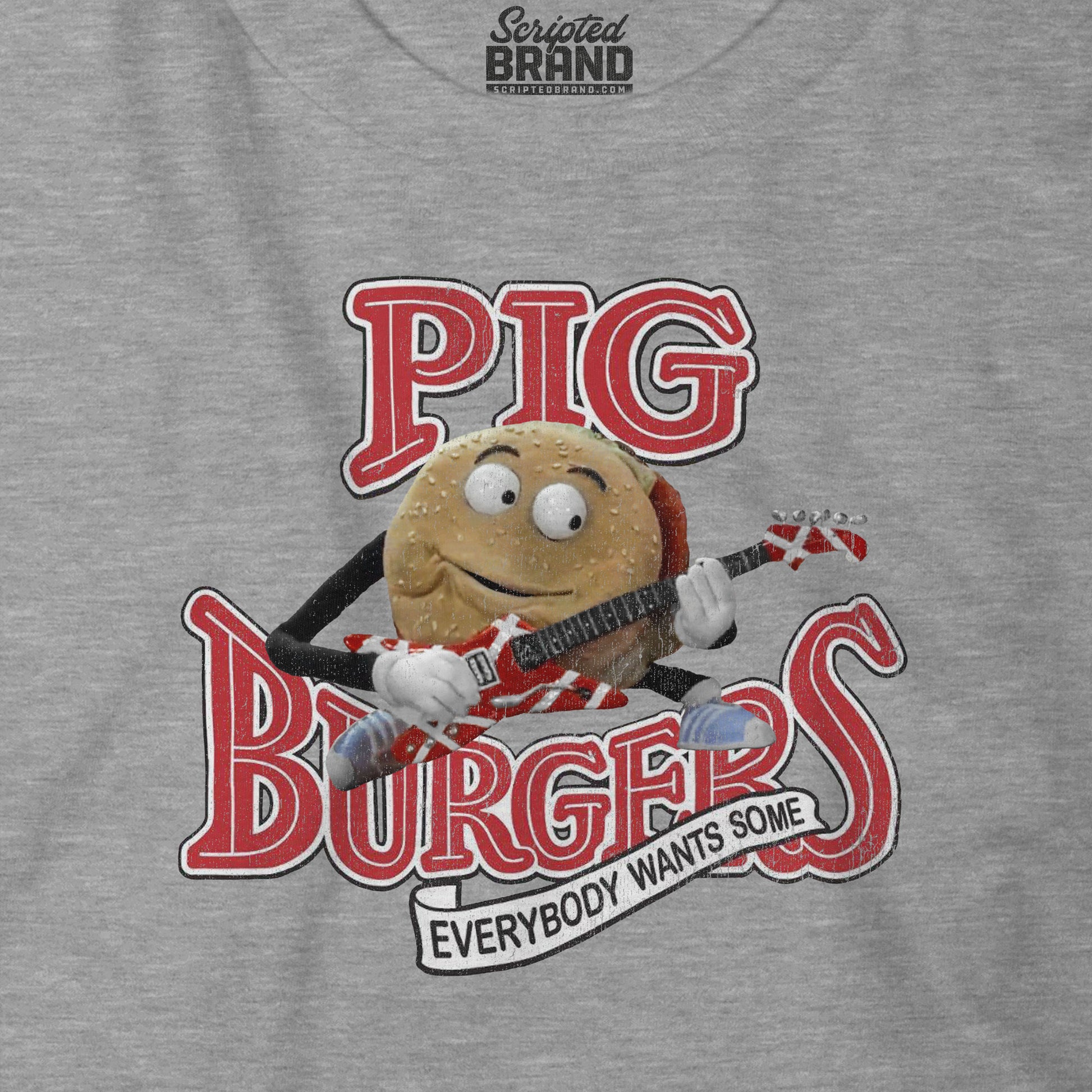 Closeup view of Heather gray soft Bella Canvas Tee featuring vintage Pig Burgers logo with Van Halen guitar from the movie Better Off Dead.