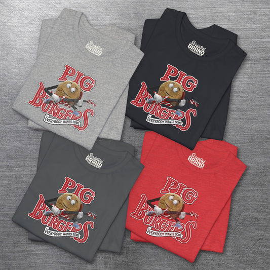 Four folded soft Bella Canvas Tees featuring vintage Pig Burgers logo with Van Halen guitar from the movie Better Off Dead.