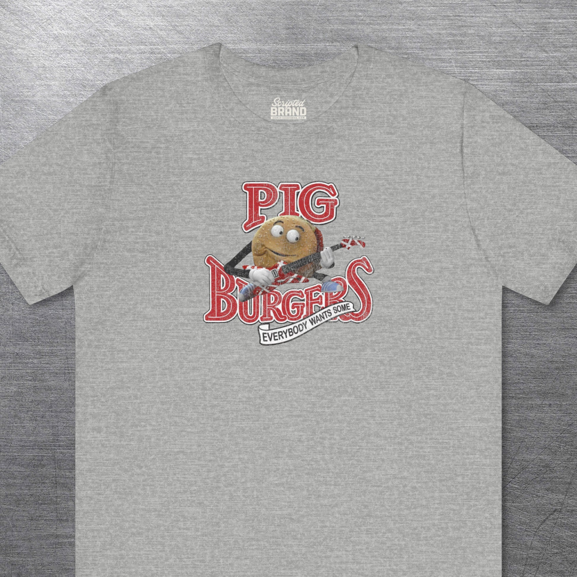Heather Gray soft Bella Canvas Tee featuring vintage Pig Burgers logo with Van Halen guitar from the movie Better Off Dead.