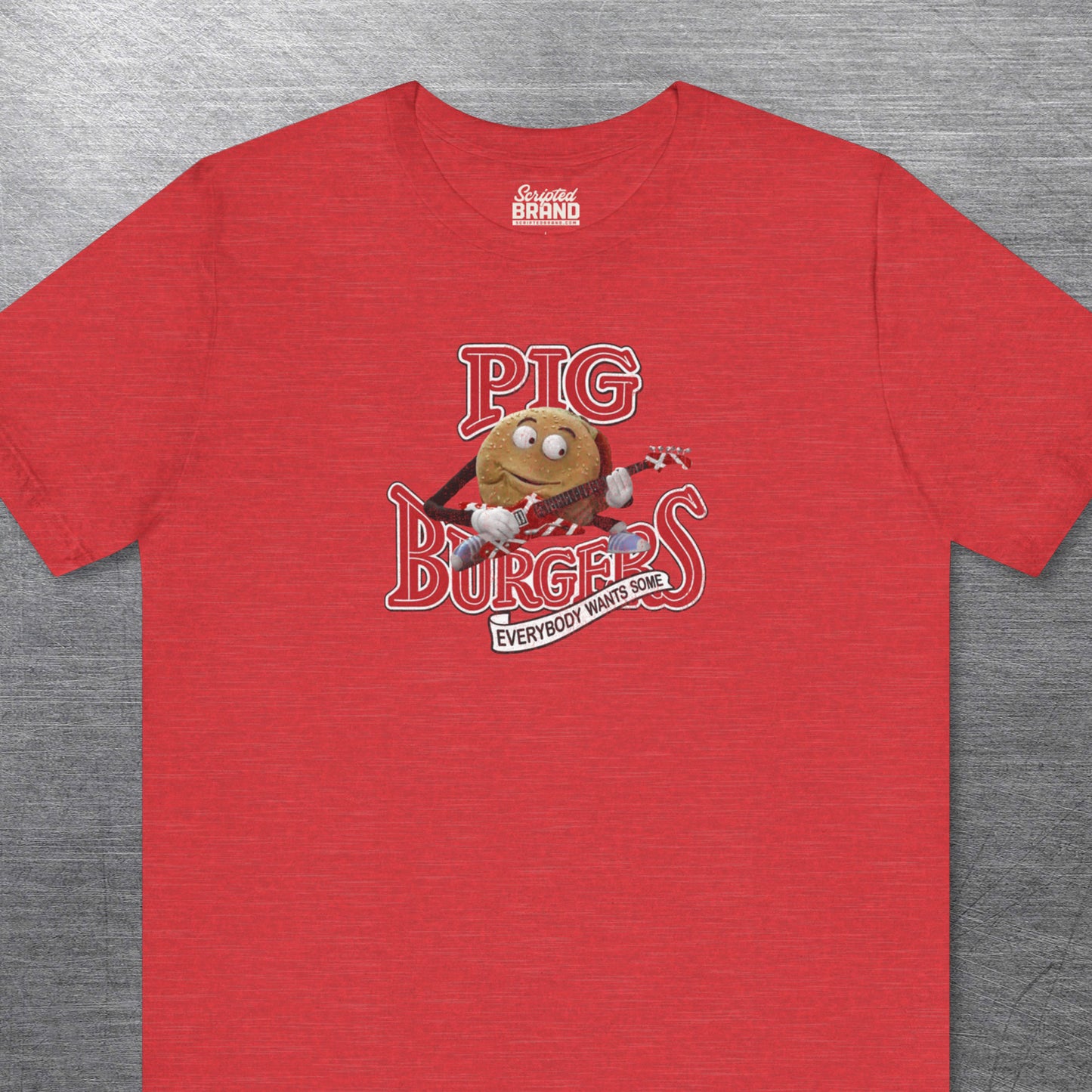 Heather Red soft Bella Canvas Tee featuring vintage Pig Burgers logo with Van Halen guitar from the movie Better Off Dead.