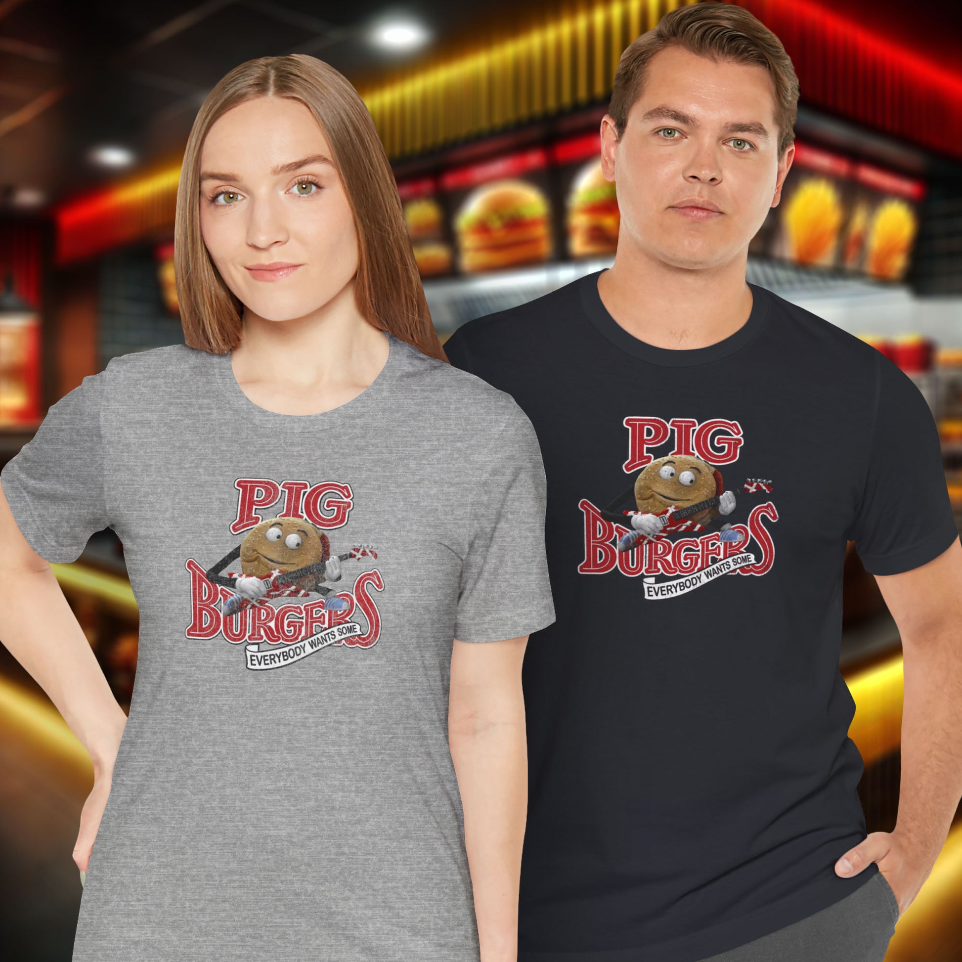 Two people wearing soft Bella Canvas Tees featuring vintage Pig Burgers logo with Van Halen guitar from the movie Better Off Dead.