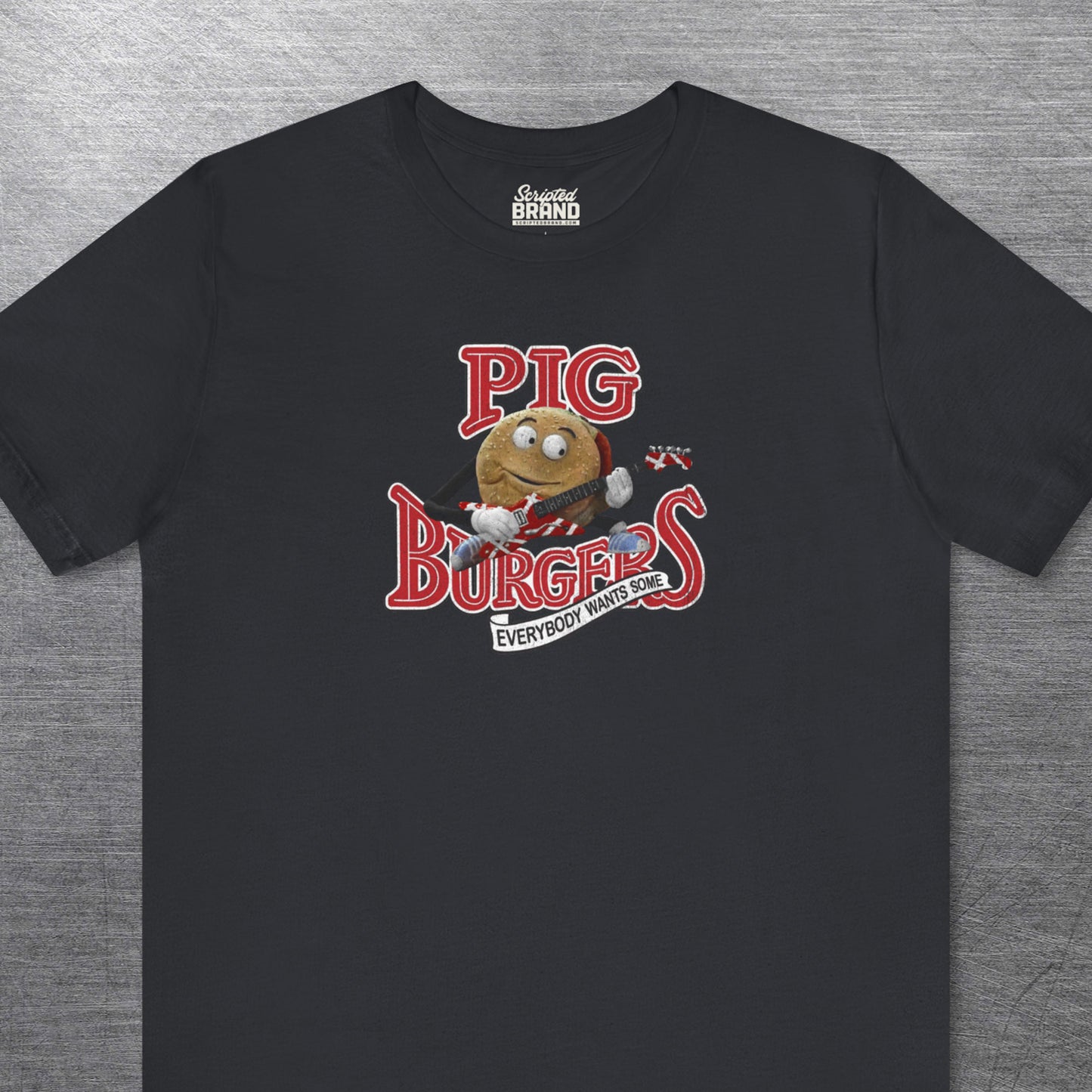Black soft Bella Canvas Tee featuring vintage Pig Burgers logo with Van Halen guitar from the movie Better Off Dead.