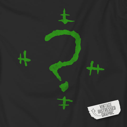 Closeup of a Black t-shirt featuring the Riddler Question Mark logo from the movie The Batman in vintage distressed style.