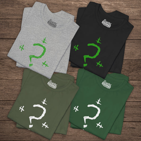 Four folded t-shirts featuring the Riddler Question Mark logo from the movie The Batman in vintage distressed style.