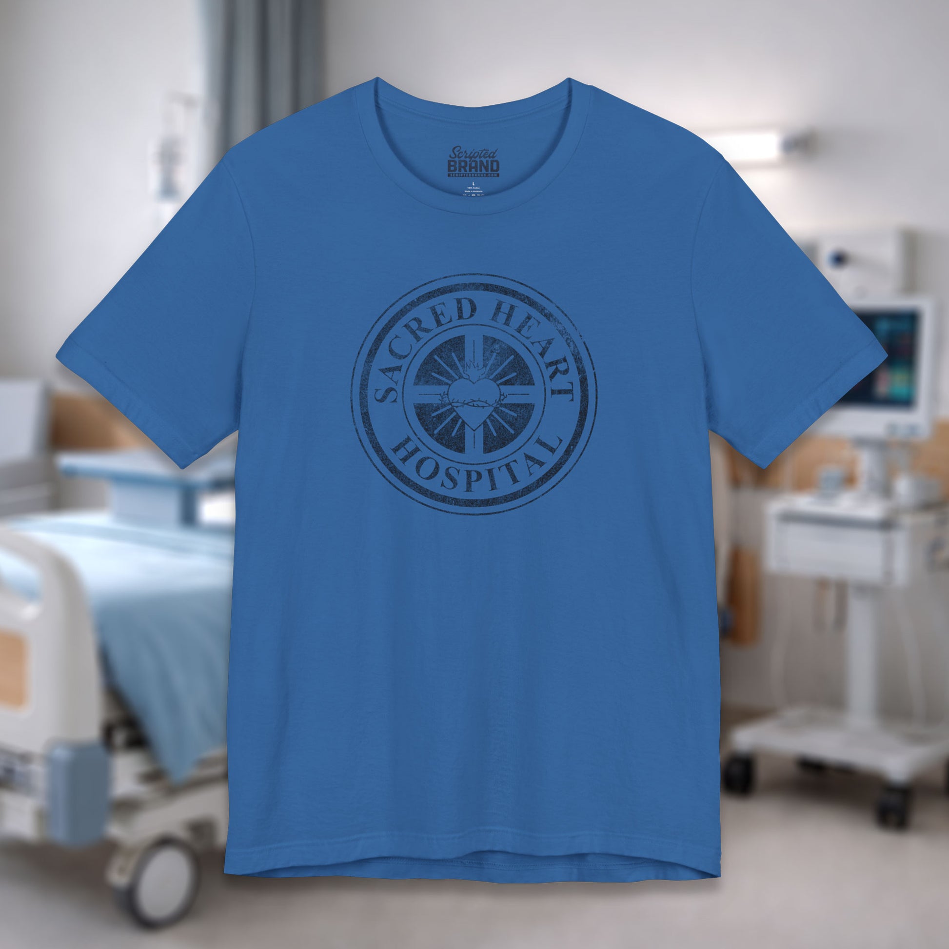Columbia blue Bella Canvas 3001 tee with vintage distressed Sacred Heart Hospital logo from Scrubs printed on chest, shown in a hospital.