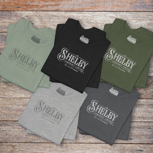 Group of 5 folded soft short-sleeve Bella+Canvas 3001 t-shirts featuring the Shelby Company Limited logo from the show Peaky Blinders in a vintage distressed style, sold by ScriptedBrand.