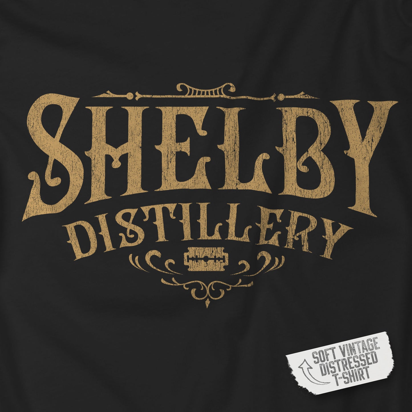 Closeup view of a black Soft Bella+Canvas 3001 short-sleeve t-shirt featuring the Shelby Company Limited Distillery Logo Graphic inspired by the TV show and movie Peaky Blinders in a vintage distressed style, sold by ScriptedBrand.