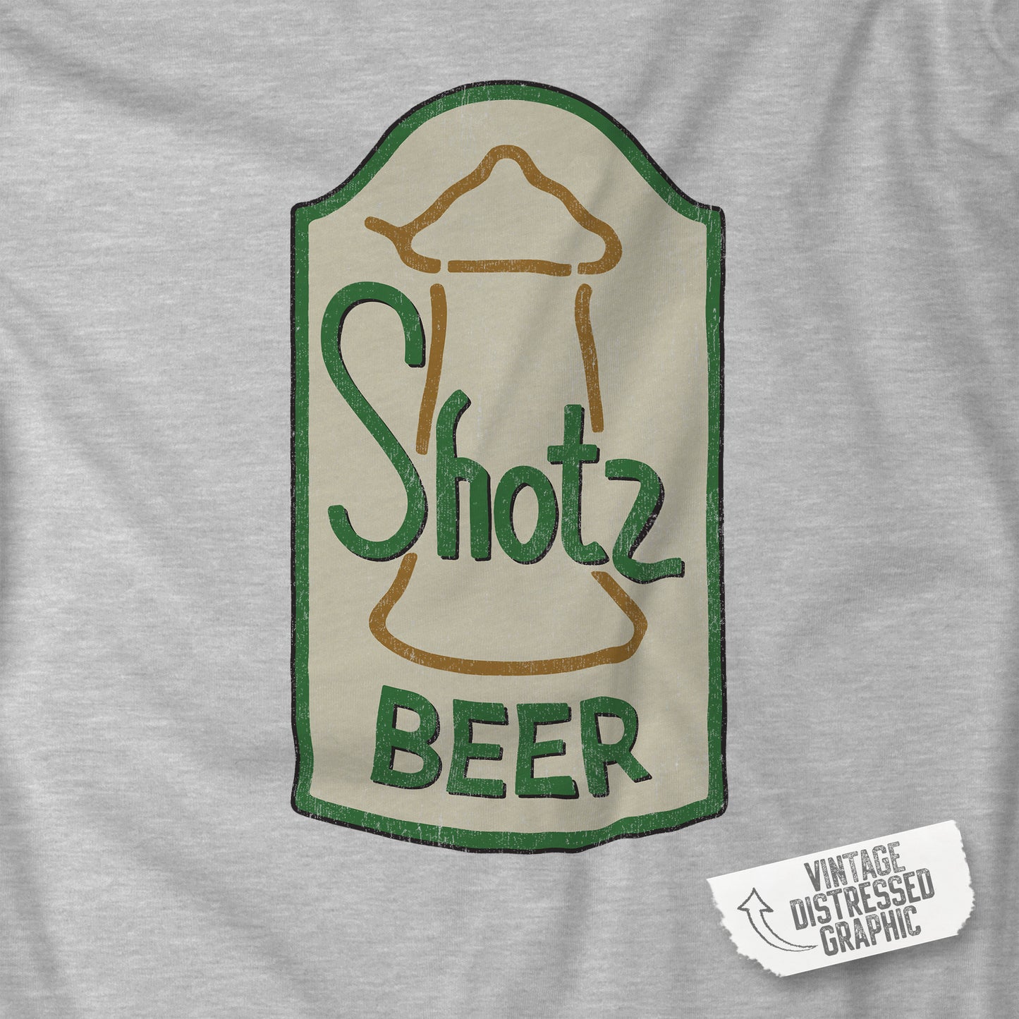 Closeup of Heather grey t-shirt with vintage Shotz Beer Brewery logo graphic, inspired by TV show Laverne & Shirley.