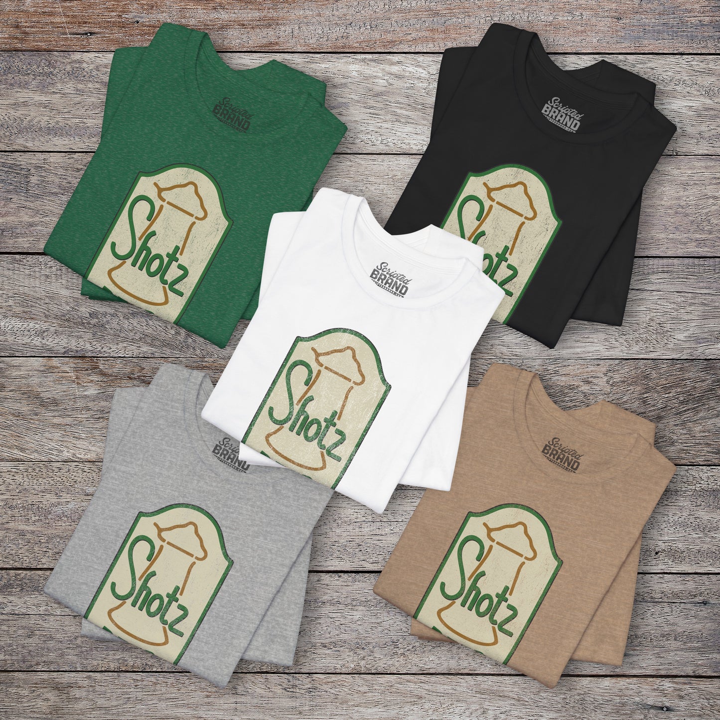 Group of 5 t-shirts with vintage Shotz Beer Brewery logo graphic, inspired by TV show Laverne & Shirley.
