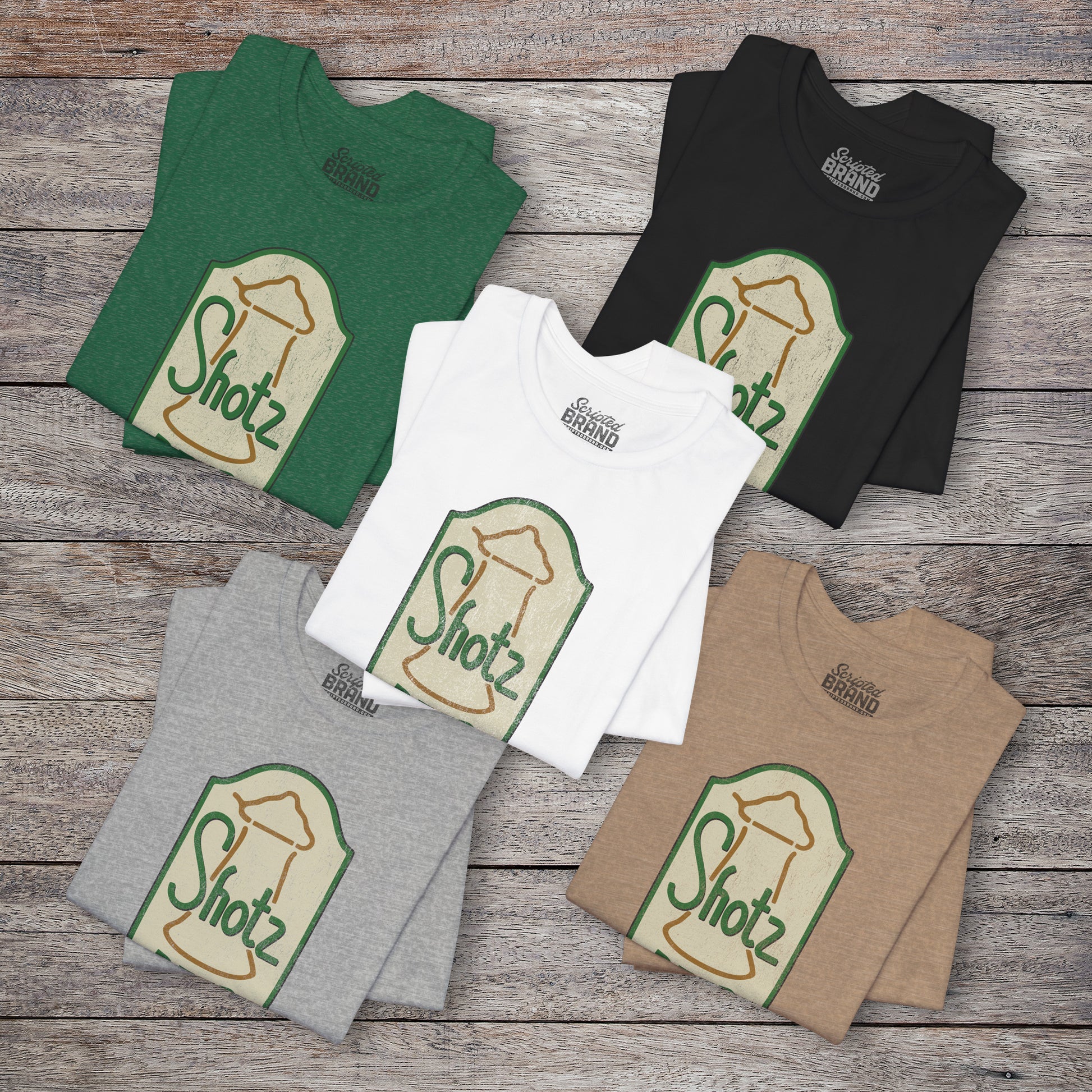 Group of 5 t-shirts with vintage Shotz Beer Brewery logo graphic, inspired by TV show Laverne & Shirley.
