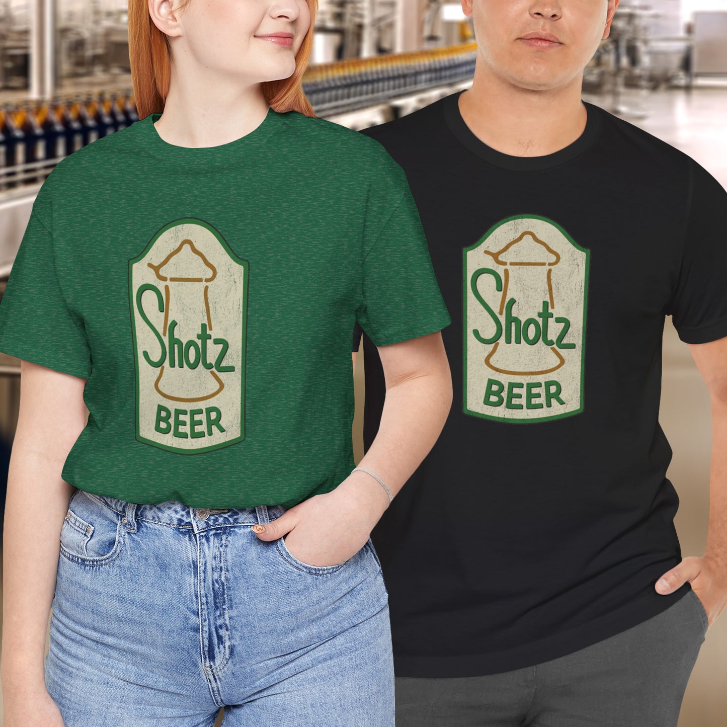 2 models wearing t-shirts with vintage Shotz Beer Brewery logo graphic, inspired by TV show Laverne & Shirley.