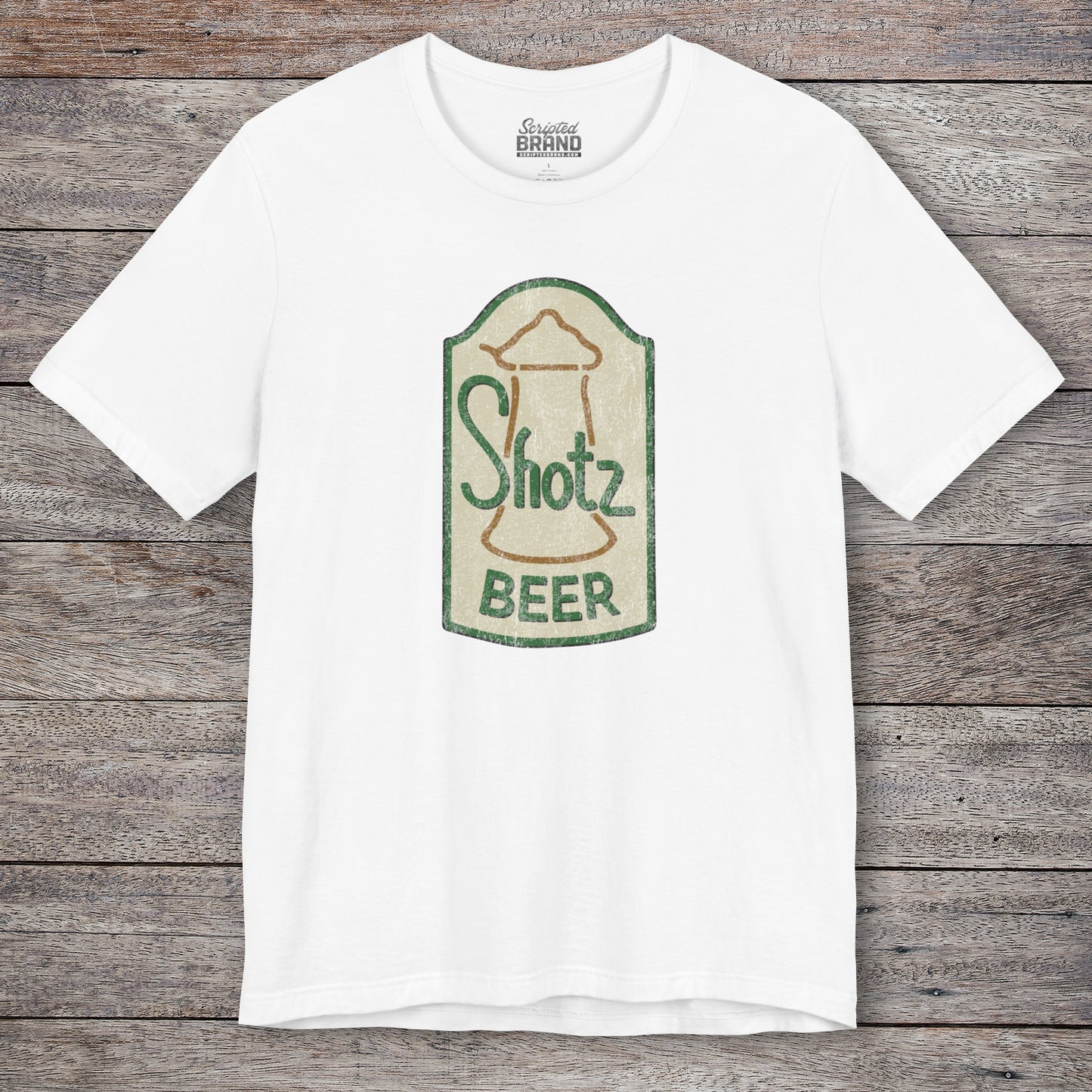 Front view of white t-shirt with vintage Shotz Beer Brewery logo graphic, inspired by TV show Laverne & Shirley.
