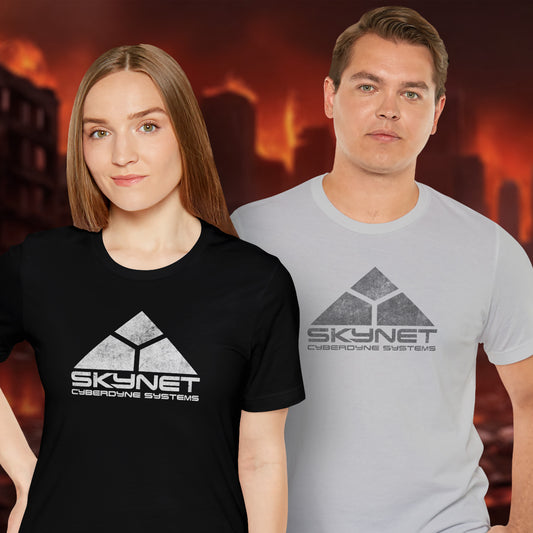 Two people wearing t-shirts featuring the fictional logo Skynet Cyberdyne Systems from the movie The Terminator in a vintage distressed style.