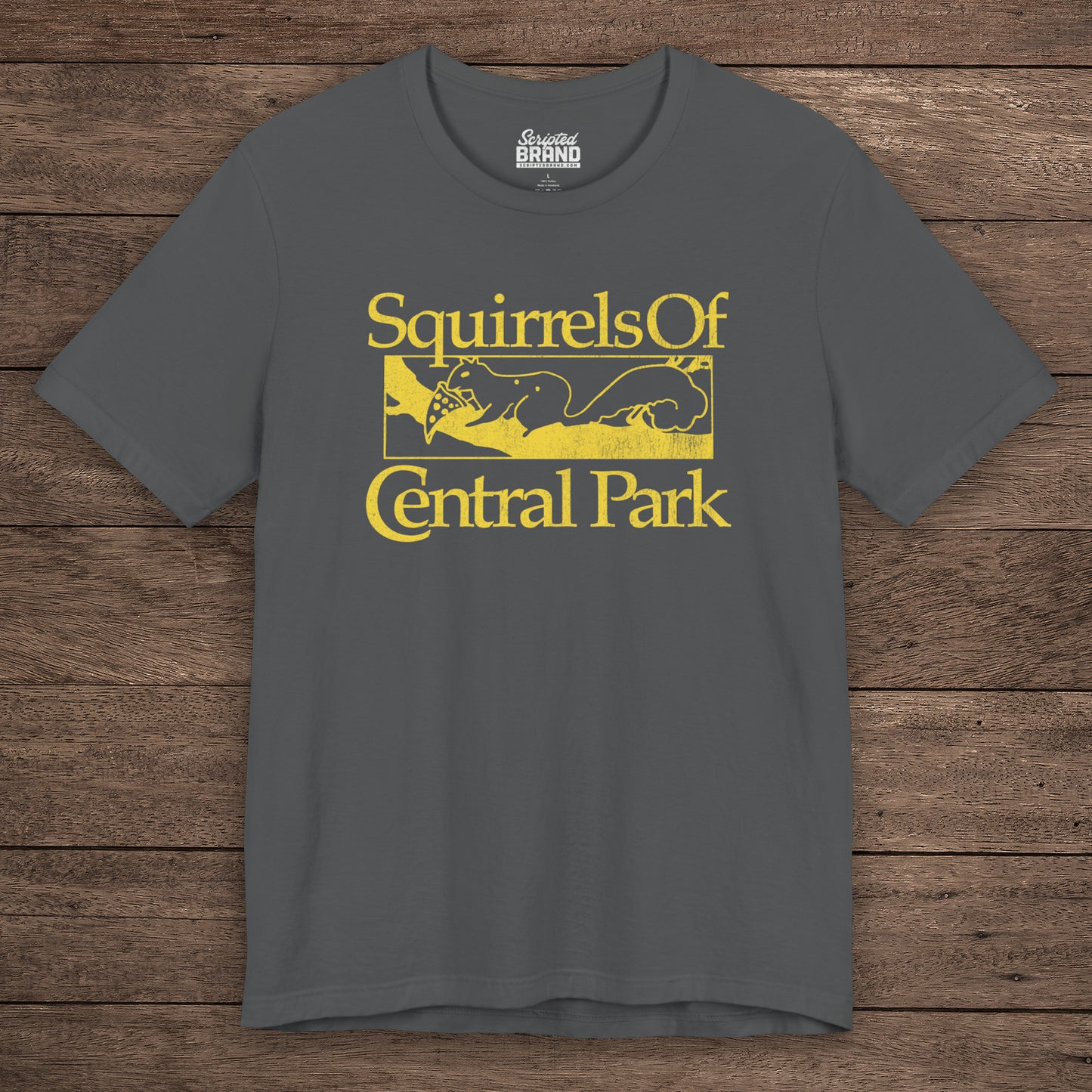 Asphalt gray unisex t-shirt with distressed yellow “Squirrels of Central Park” graphic, worn by Eva Garvey in the show Bad Sisters.