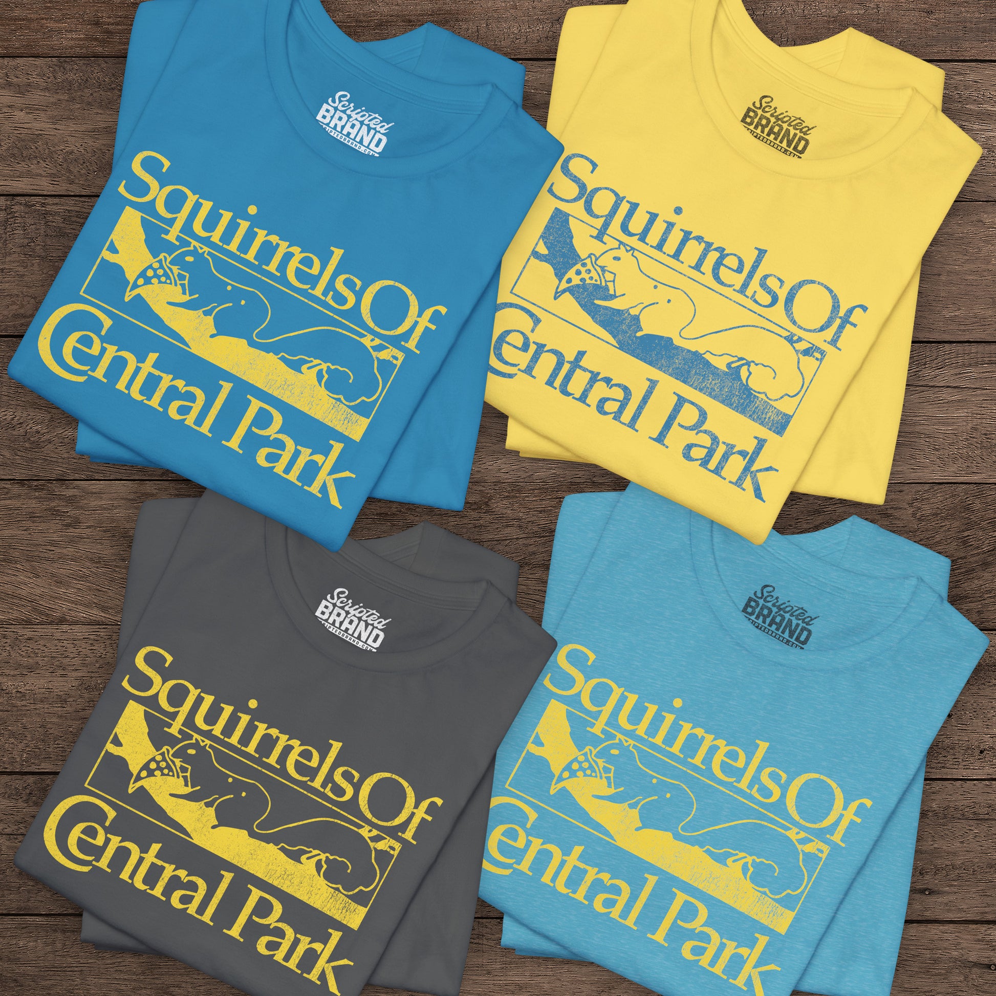 Folded unisex t-shirts with distressed “Squirrels of Central Park” graphic, worn by Eva Garvey in the show Bad Sisters.