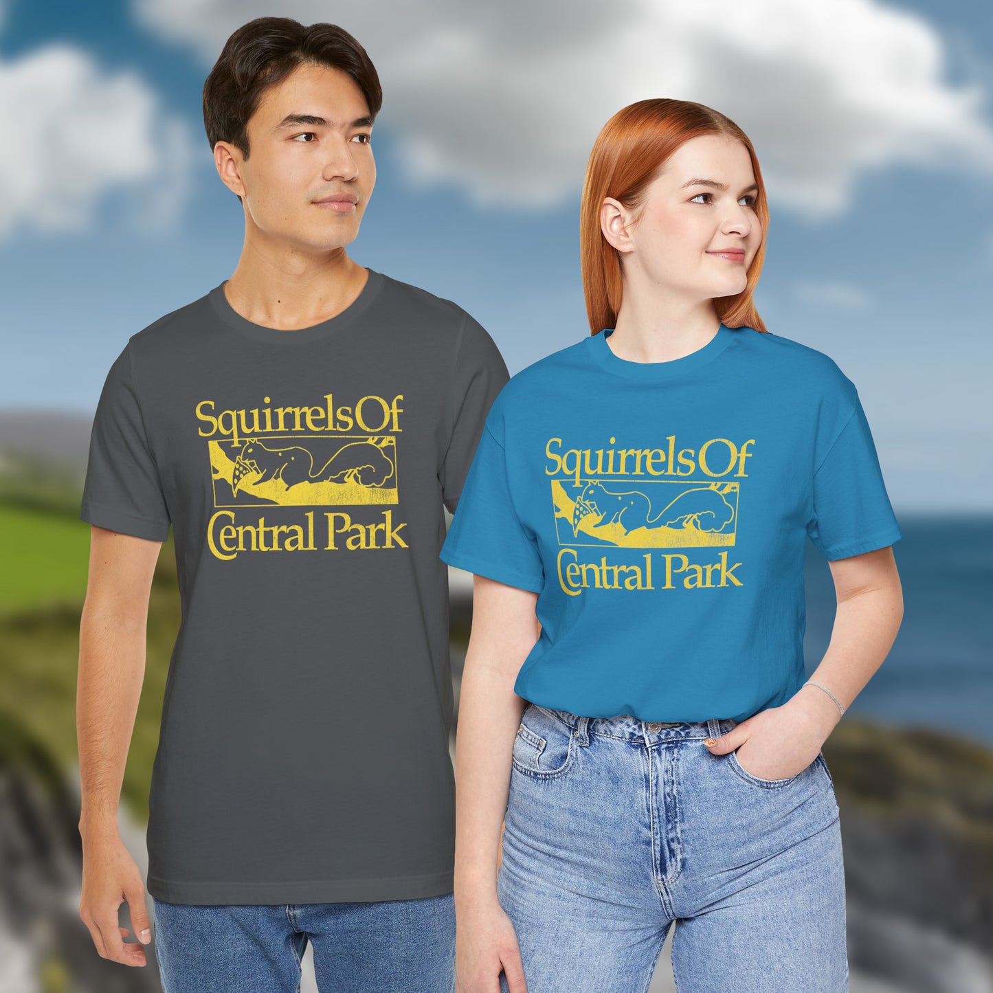 2 people wearing unisex t-shirts with distressed “Squirrels of Central Park” graphic, worn by Eva Garvey in the show Bad Sisters.