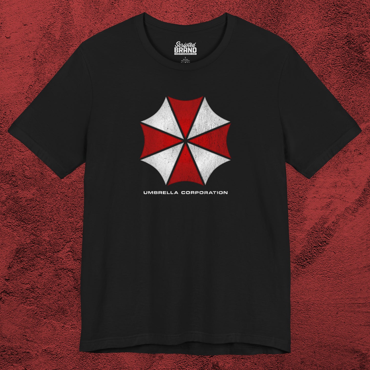 Black t-shirt featuring the Umbrella Corp logo from the video game and movie franchise Resident Evil in a vintage distressed style.