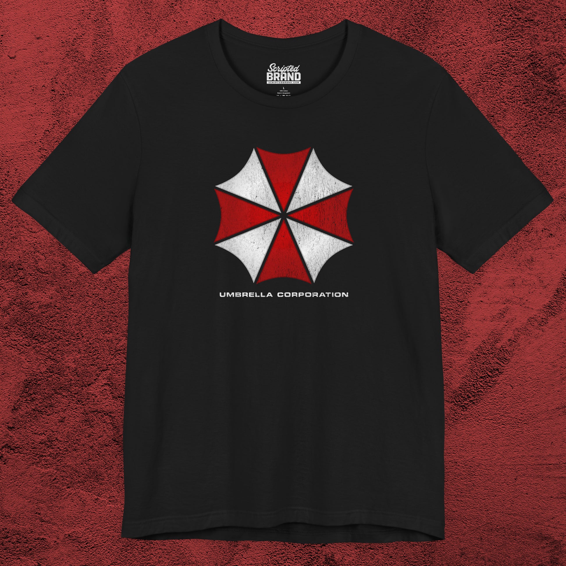 Black t-shirt featuring the Umbrella Corp logo from the video game and movie franchise Resident Evil in a vintage distressed style.
