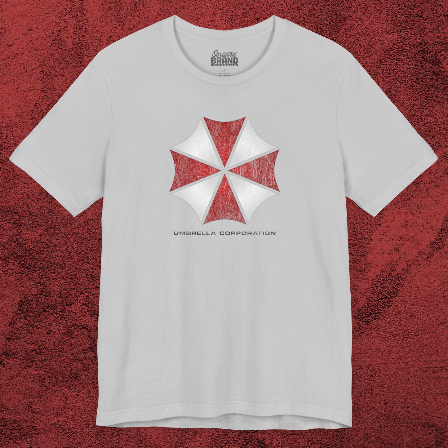 Solid Athletic gray t-shirt featuring the Umbrella Corp logo from the video game and movie franchise Resident Evil in a vintage distressed style.