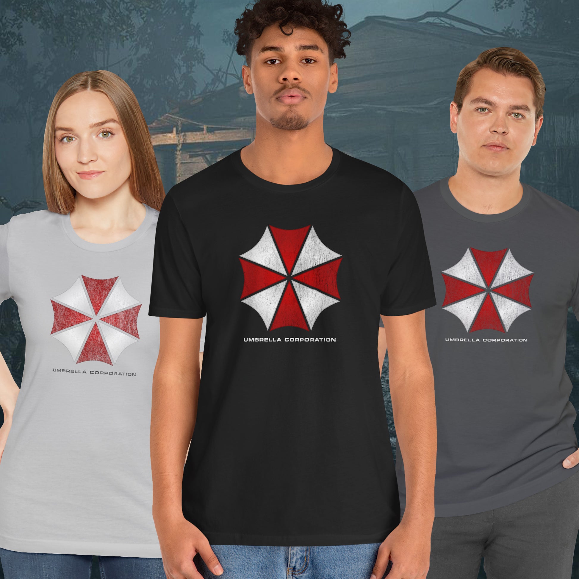 Three people wearing t-shirts featuring the Umbrella Corp logo from the video game and movie franchise Resident Evil in a vintage distressed style.