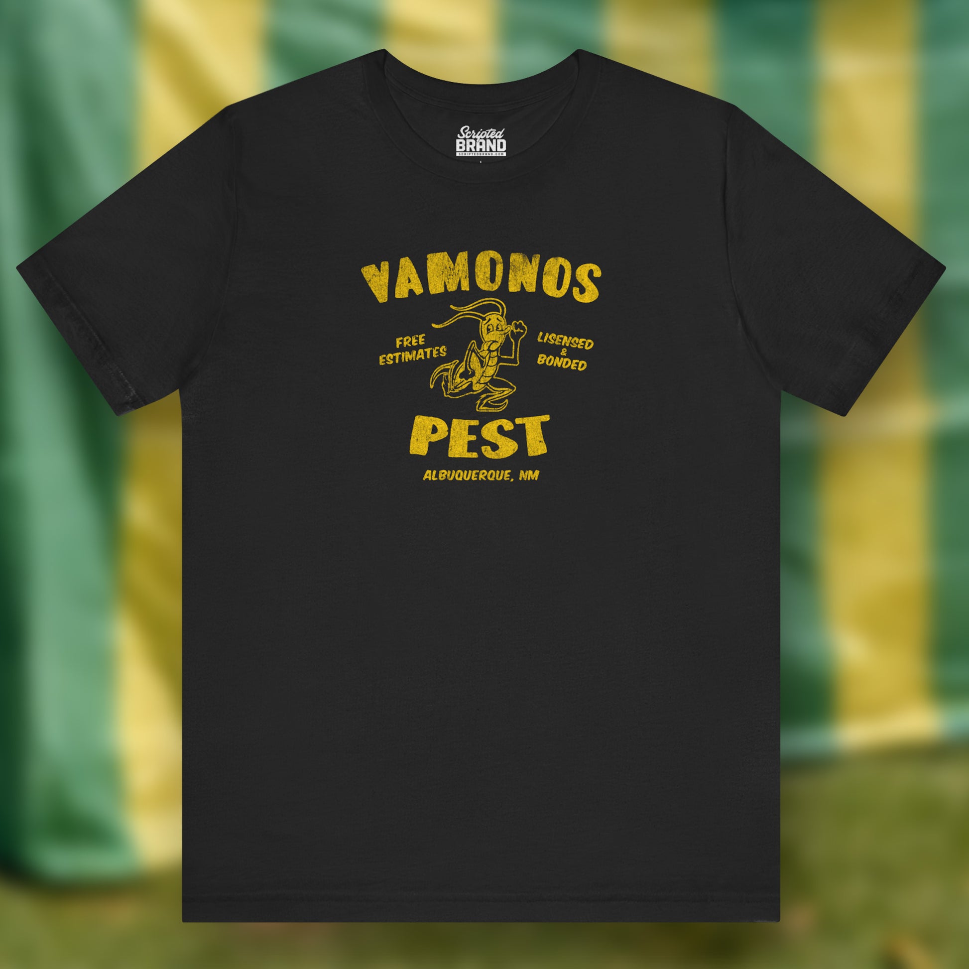Front view of a black colored soft Bella+Canvas 3001 short-sleeve t-shirt featuring the Vamonos Pest Exterminators logo from the TV show Breaking Bad in a vintage distressed style, sold by ScriptedBrand.