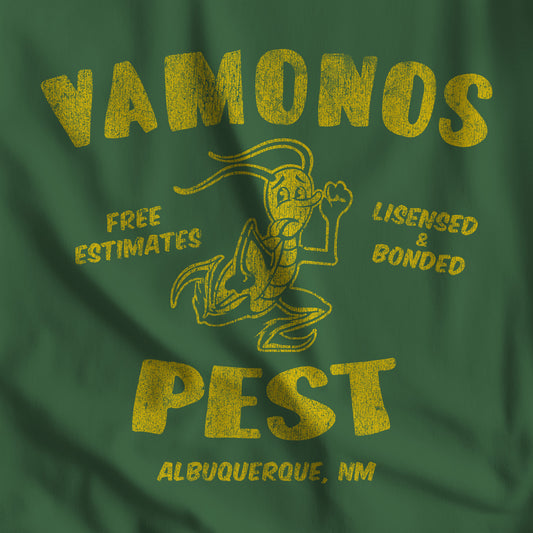 Closeup view of green and yellow t-shirt featuring the Vamonos Pest logo from the TV show Breaking Bad in a vintage distressed style.