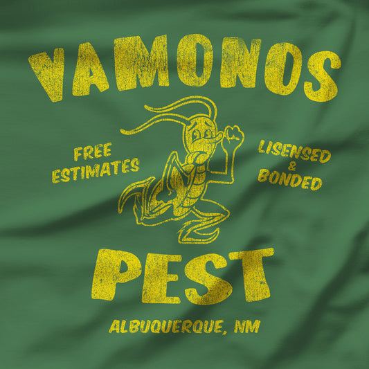 Closeup view of green and yellow t-shirt featuring the Vamonos Pest logo from the TV show Breaking Bad in a vintage distressed style.