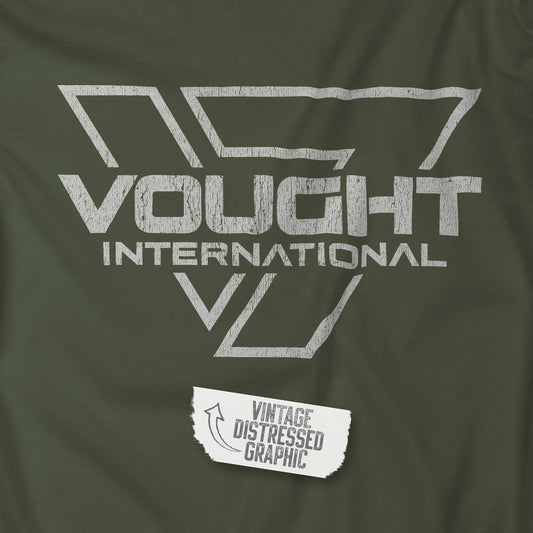 Closeup view of a military green soft Bella+Canvas 3001 short-sleeve t-shirt featuring the logo graphic of the fictional company Vought International inspired by the TV show The Boys in a vintage distressed style, sold by ScriptedBrand.