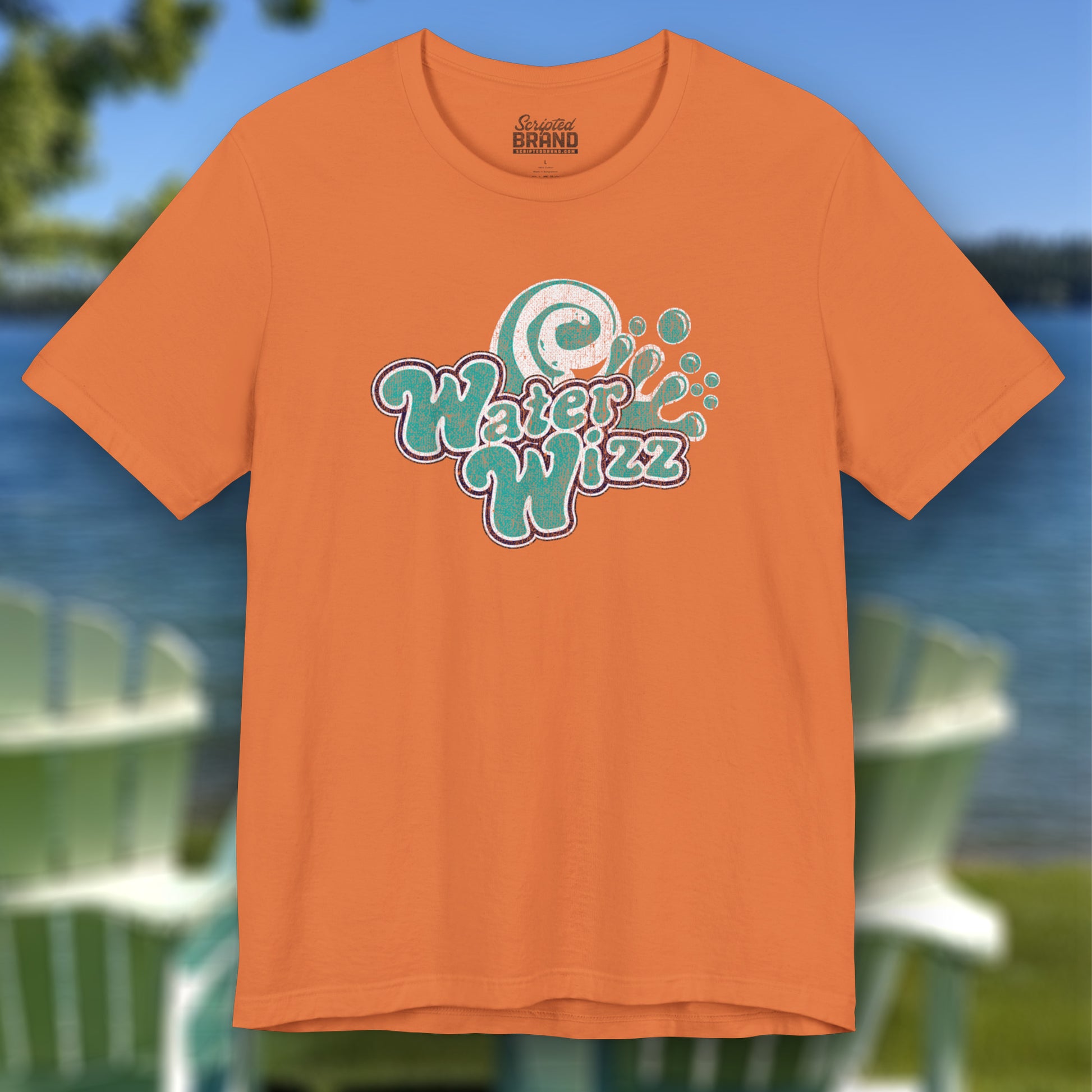 Front view of a burnt orange Soft short-sleeve t-shirts featuring the Water Wizz logo graphic from the movie Grown Ups in a vintage distressed style.