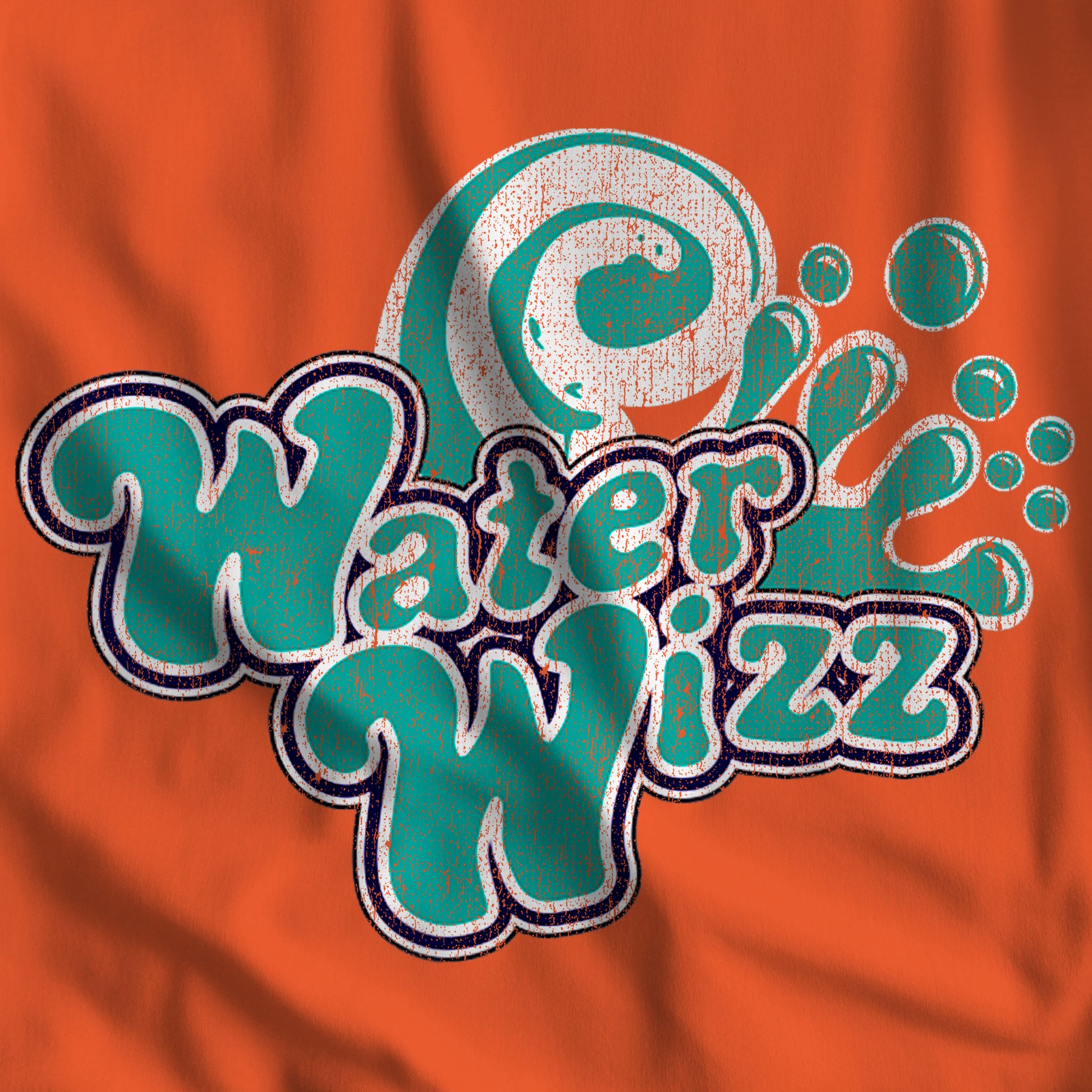 Closeup of orange t-shirt featuring the Water Wizz logo graphic from the movie Grown Ups in a vintage distressed style.