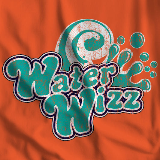 Closeup of orange t-shirt featuring the Water Wizz logo graphic from the movie Grown Ups in a vintage distressed style.