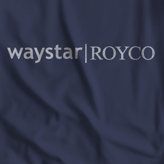 Closeup of Navy Blue t-shirt with the Waystar Royco logo from the show Succession in a vintage distressed style.