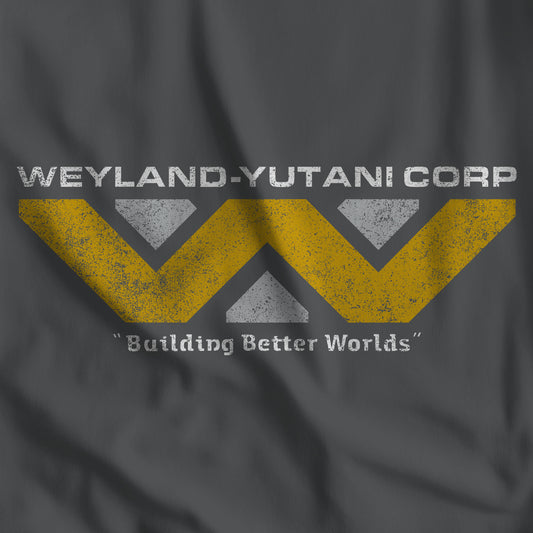 Closeup of Asphalt gray t-shirt with the Weyland-Yutani logo from the movie Alien and Aliens franchise in a vintage distressed style.
