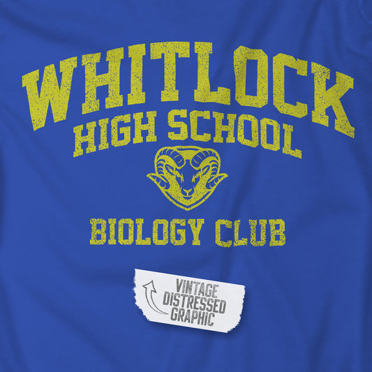 Closeup of blue t-shirt featuring gold Whitlock High School Rams logo graphic inspired by the TV show AP Bio in a vintage style.