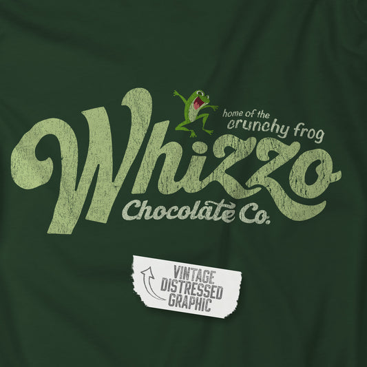 Closeup of Forest green t-shirt with vintage Whizzo Chocolate Co. logo, inspired by Monty Python, featuring “home of the crunchy frog” graphic.