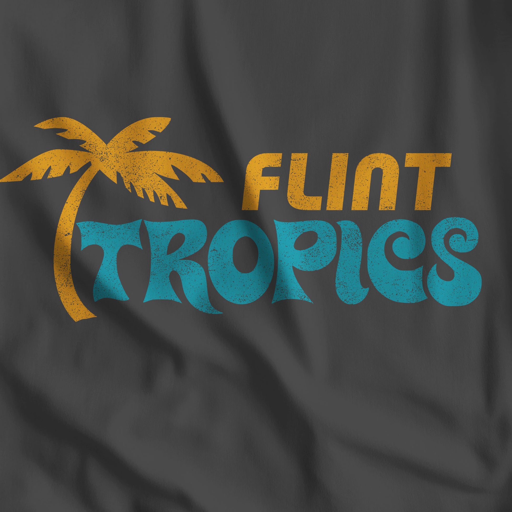 Closeup of Black Bella+Canvas t-shirt with the Flint Tropics logo from the movie Semi-Pro in a vintage distressed style.