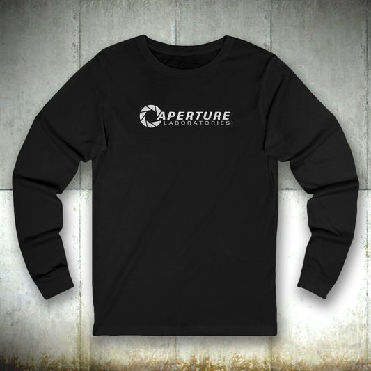 Front view of a black colored soft long-sleeve t-shirt featuring the Aperture Laboratories logo from the video game Portal and Portal 2 in a vintage distressed style, sold by ScriptedBrand. 