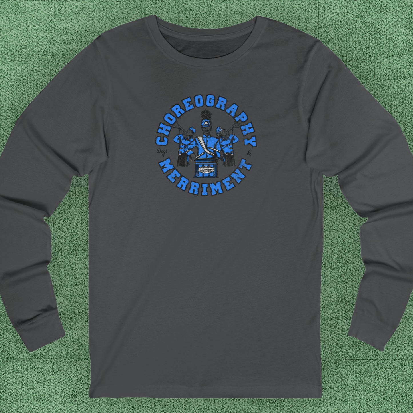 Asphalt grey long-sleeve t-shirt featuring vintage Dept. of Choreography & Merriment logo inspired by Severance and Lumon Industries.