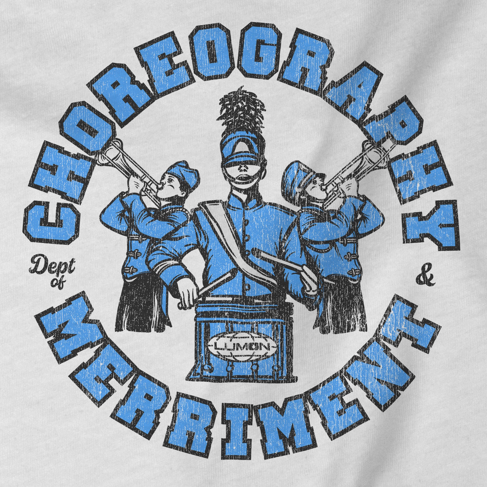 Closeup of t-shirt featuring vintage Dept. of Choreography & Merriment logo inspired by Severance and Lumon Industries.