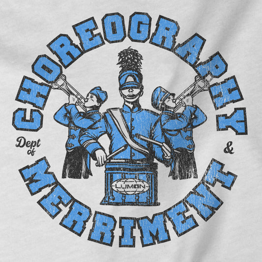 Closeup of t-shirt featuring vintage Dept. of Choreography & Merriment logo inspired by Severance and Lumon Industries.
