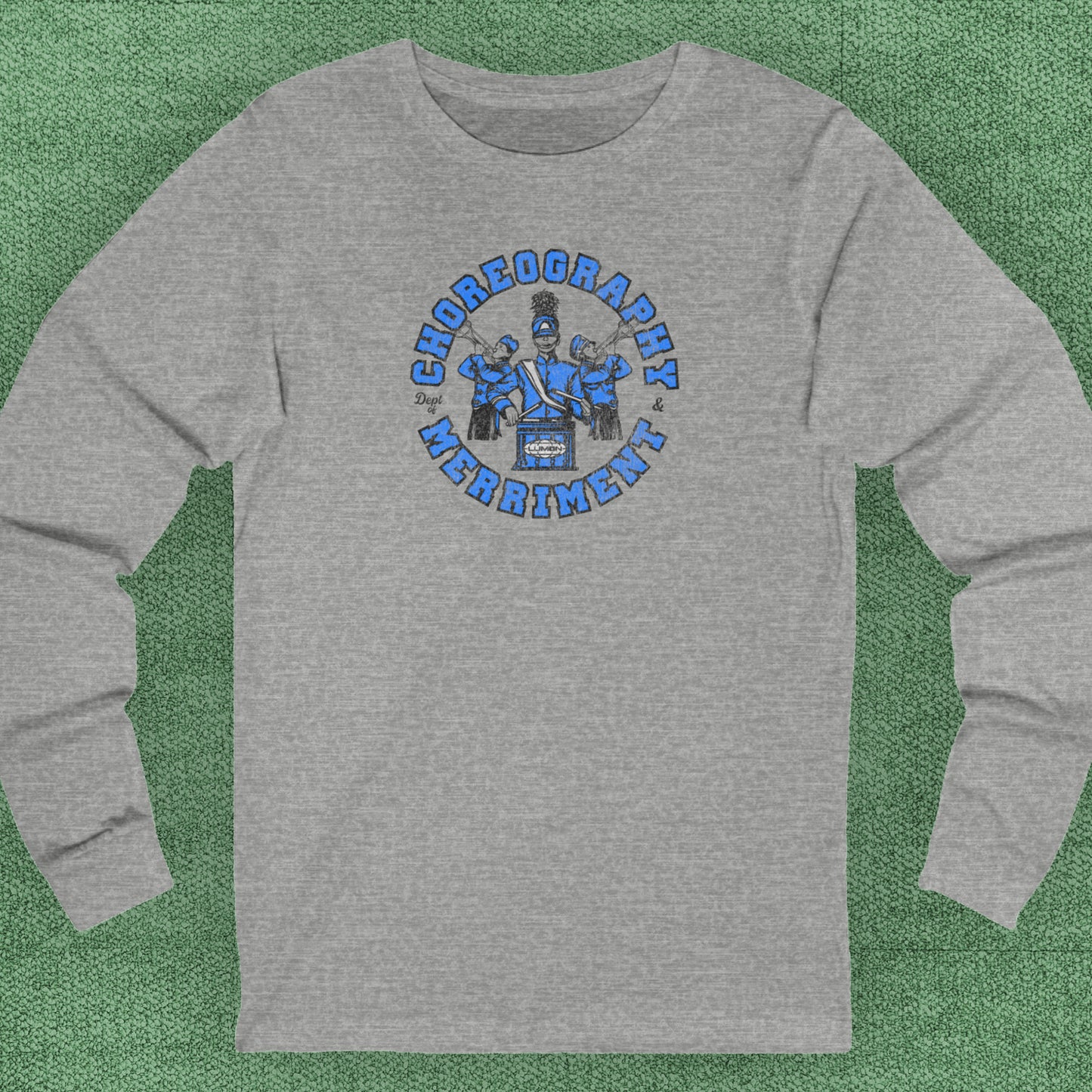 Athletic Grey long-sleeve t-shirt featuring vintage Dept. of Choreography & Merriment logo inspired by Severance and Lumon Industries.