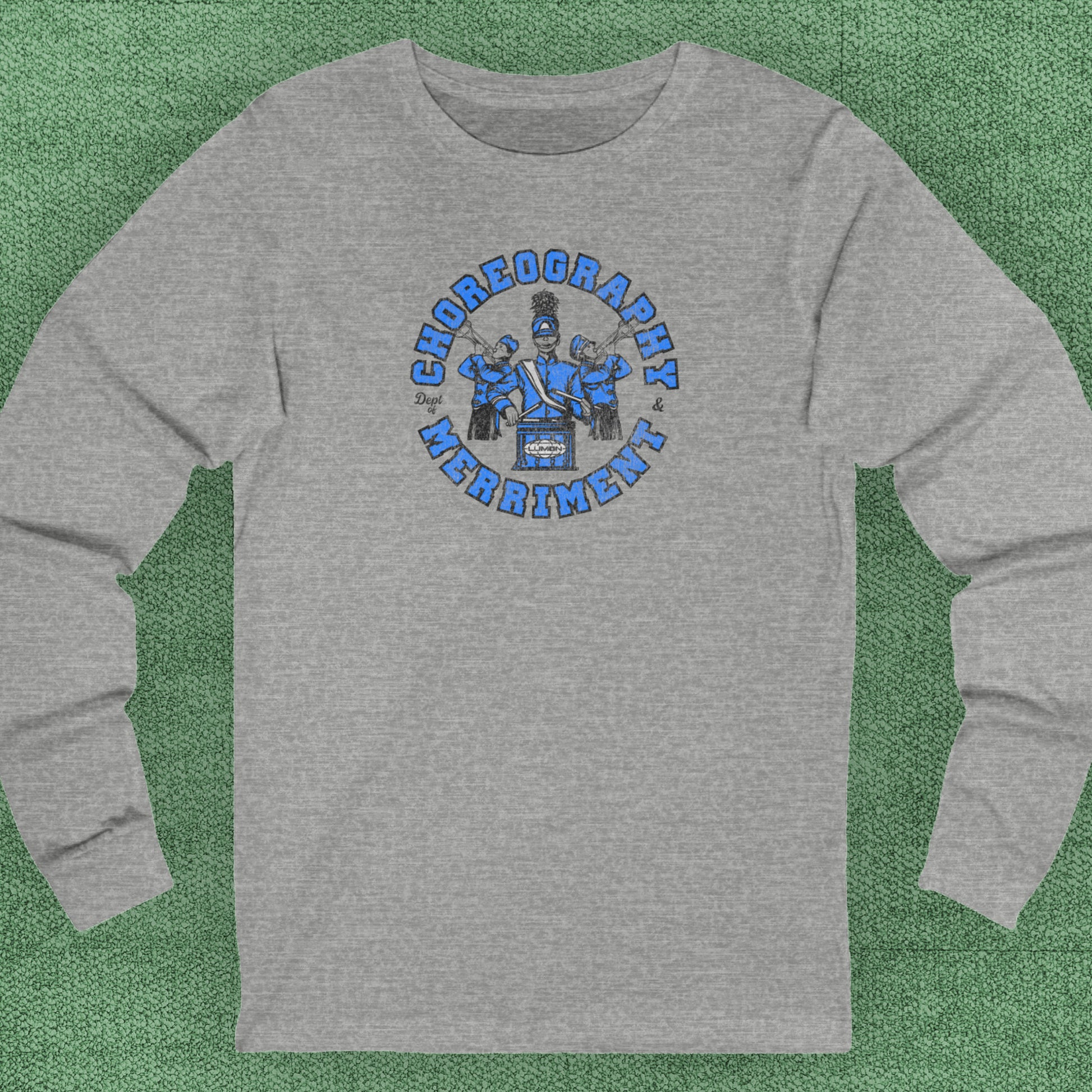 Athletic Grey long-sleeve t-shirt featuring vintage Dept. of Choreography & Merriment logo inspired by Severance and Lumon Industries.