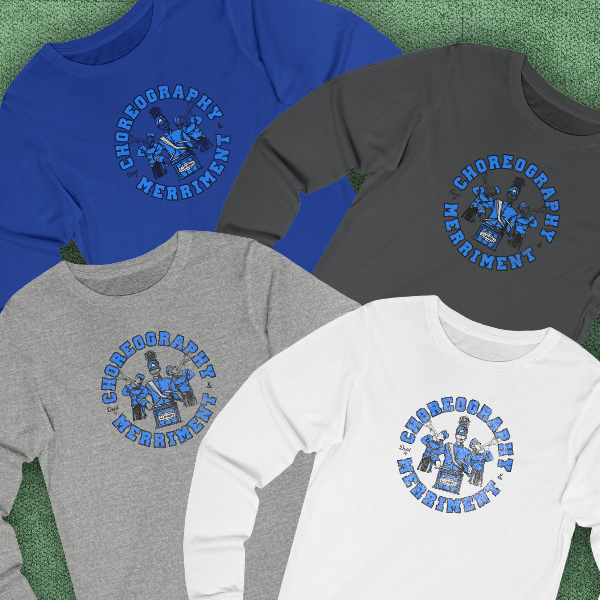 4 long-sleeve t-shirts featuring vintage Dept. of Choreography & Merriment logo inspired by Severance and Lumon Industries.